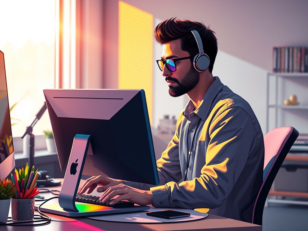 Stock picture of programmer at a mac in colorful light
