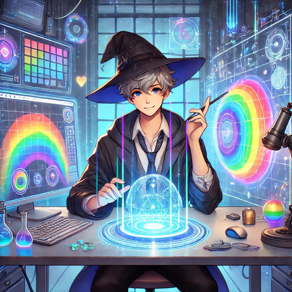 Tech themed wizard making rainbows